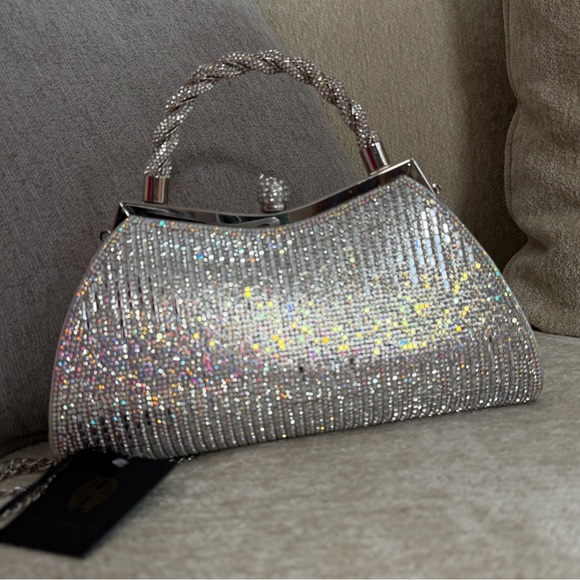 House of Harlow 1960 Metallic Silver Iridescent Rhinestone Beaded Handbag Purse - Picture 6 of 16
